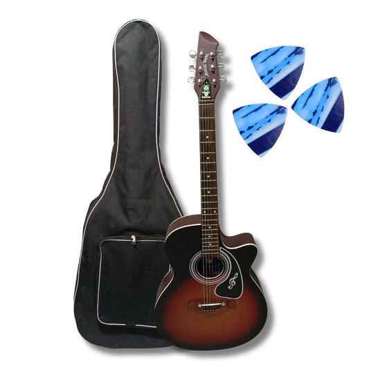 Musical Works SAB-GUITAR-01, 41-Inch Acoustic Guitar | Tun Top, Rosewood Fingerboard & Bridge | Truss Rod | Brown Black Shade with Die Cast Keys, Set of Strings, Strap, Picks and Bag
