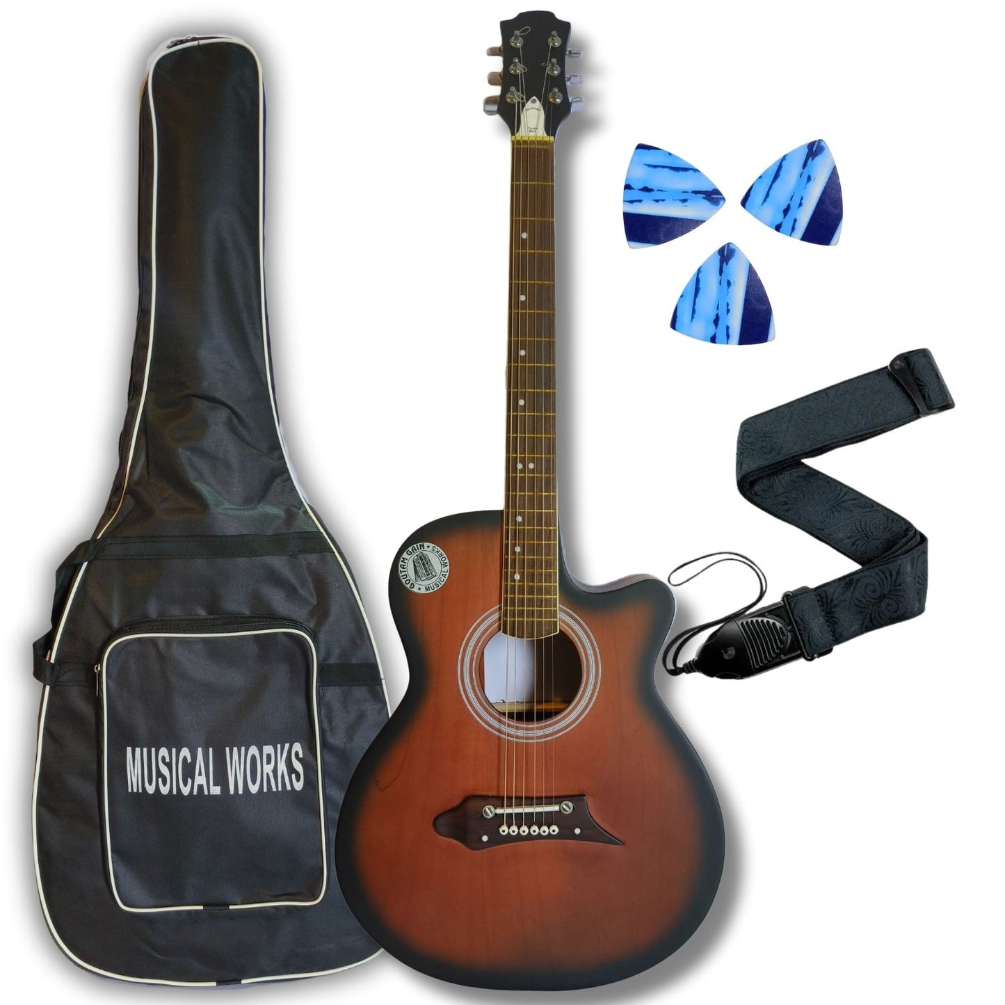 Musical Works SAB-GUITAR-21, 41-Inch Acoustic Guitar | Tun Top, Rosewood Fingerboard & Bridge | Truss Rod | Red-Brown Black  with Die Cast Keys, Set of Strings, Strap, Picks and Bag