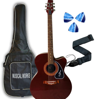Musical Works SAB-GUITAR-21, 41-Inch Acoustic Guitar | Tun Top, Rosewood Fingerboard & Bridge | Truss Rod | Red-Brown Black  with Die Cast Keys, Set of Strings, Strap, Picks and Bag