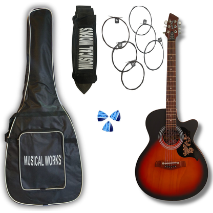Musical Works SAB-GUITAR-01, 41-Zoll-Akustikgitarre | Gewölbte Decke, Palisandergriffbrett und -steg | Halsstab | Braun-schwarze Lackierung mit Druckgussmechaniken, Saitensatz, Gurt, Plektren und Tasche