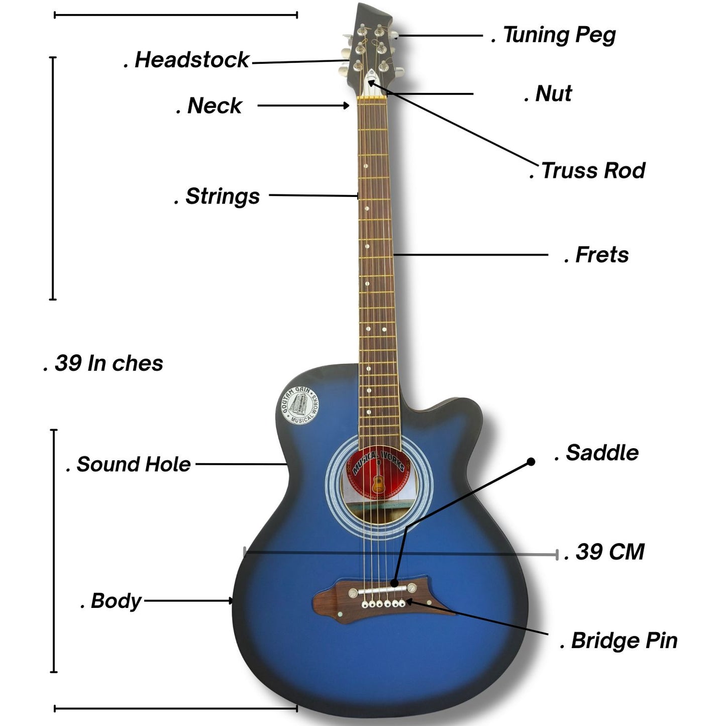 Musical Works 39" Acoustic Guitar Starter Kit – Premium Cutaway Concert Body with Gig Bag, Strap & Accessories