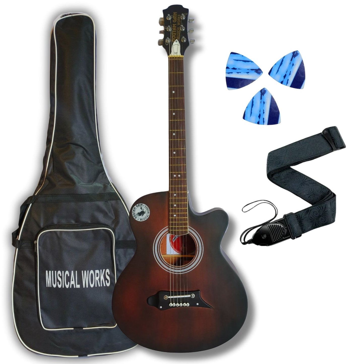 Musical Works SAB-GUITAR-21, 41-Inch Acoustic Guitar | Tun Top, Rosewood Fingerboard & Bridge | Truss Rod | Red-Brown Black  with Die Cast Keys, Set of Strings, Strap, Picks and Bag