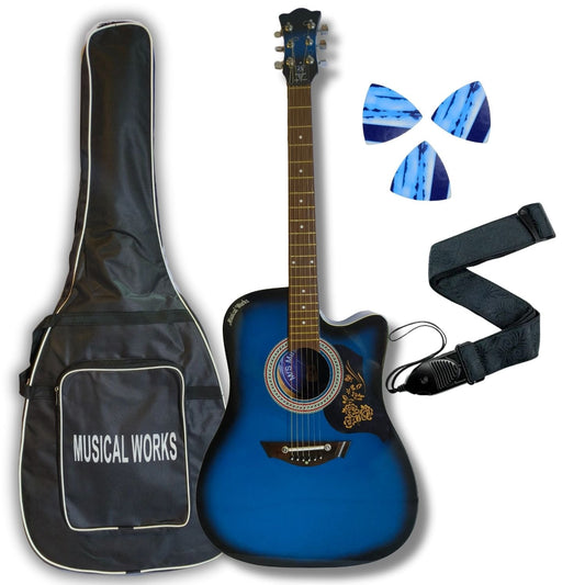 Musical Works SAB-GUITAR-26 41-Inch Acoustic Guitar | Spruce Top, Rosewood Fingerboard & Bridge | Truss Rod | Blue Black Shade  with Die Cast Keys, Set of Strings, Strap, Picks and Bag
