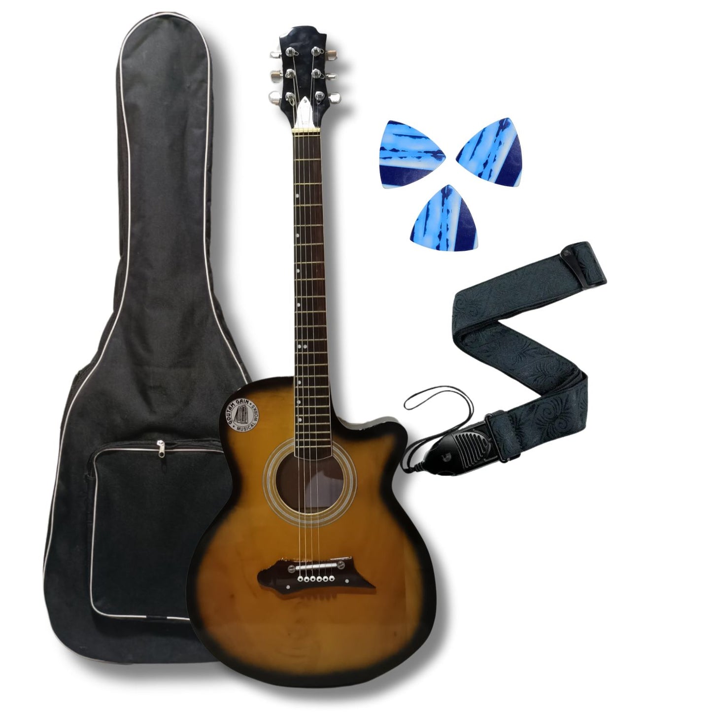 Musical Works SAB-GUITAR-21, 41-Inch Acoustic Guitar | Tun Top, Rosewood Fingerboard & Bridge | Truss Rod | Red-Brown Black  with Die Cast Keys, Set of Strings, Strap, Picks and Bag