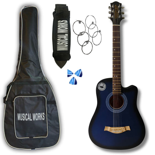 Musical Works 38-Inch Acoustic Guitar Starter Kit – Blue Sunburst Cutaway Design with Gig Bag, Strap, Strings, and Picks