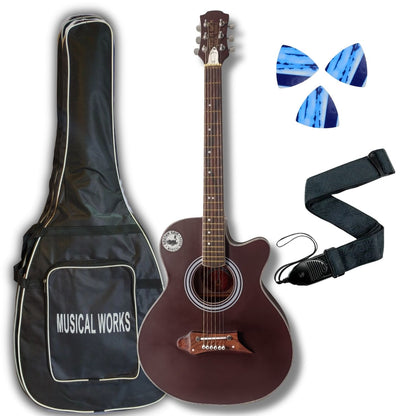 Musical Works SAB-GUITAR-21, 41-Inch Acoustic Guitar | Tun Top, Rosewood Fingerboard & Bridge | Truss Rod | Red-Brown Black  with Die Cast Keys, Set of Strings, Strap, Picks and Bag
