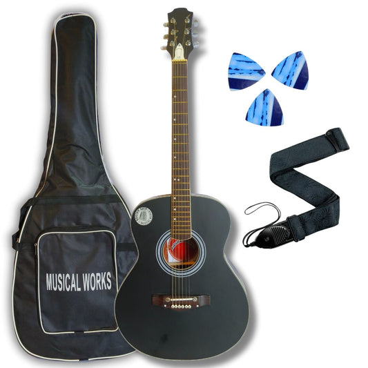 Musical Works SAB-GUITAR-20 41-Inch Acoustic Guitar | Tun Top, Rosewood Fingerboard & Bridge | Truss Rod | Natural Black Shade with Die Cast Keys, Set of Strings, Strap, Picks and Bag
