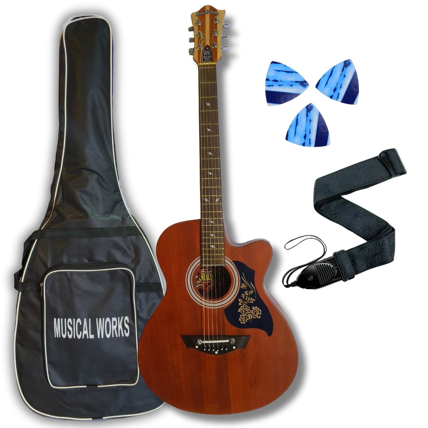 Musical Works SAB-GUITAR-21, 41-Inch Acoustic Guitar | Tun Top, Rosewood Fingerboard & Bridge | Truss Rod | Red-Brown Black  with Die Cast Keys, Set of Strings, Strap, Picks and Bag