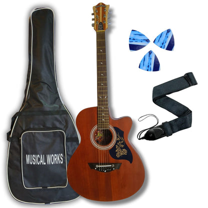 Musical Works SAB-GUITAR-21, 41-Inch Acoustic Guitar | Tun Top, Rosewood Fingerboard & Bridge | Truss Rod | Red-Brown Black  with Die Cast Keys, Set of Strings, Strap, Picks and Bag