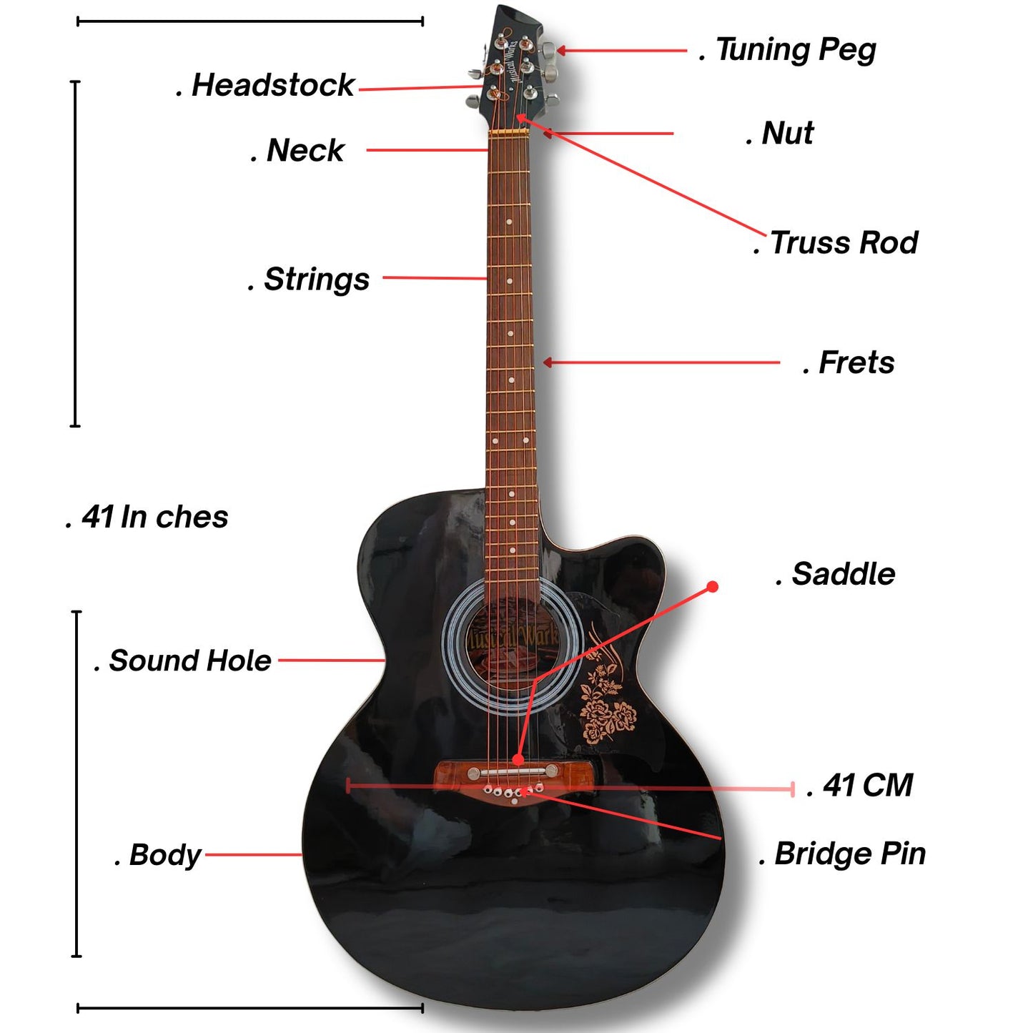 Musical Works 41" Full Size Acoustic Guitar Starter Kit - Black Cutaway Dreadnought with Gig Bag, Strap & Accessories.