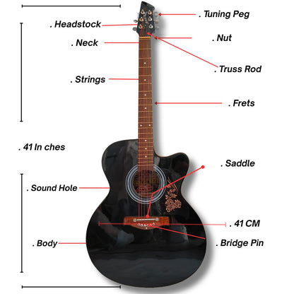 Musical Works 41" Full Size Acoustic Guitar Starter Kit - Black Cutaway Dreadnought with Gig Bag, Strap & Accessories.