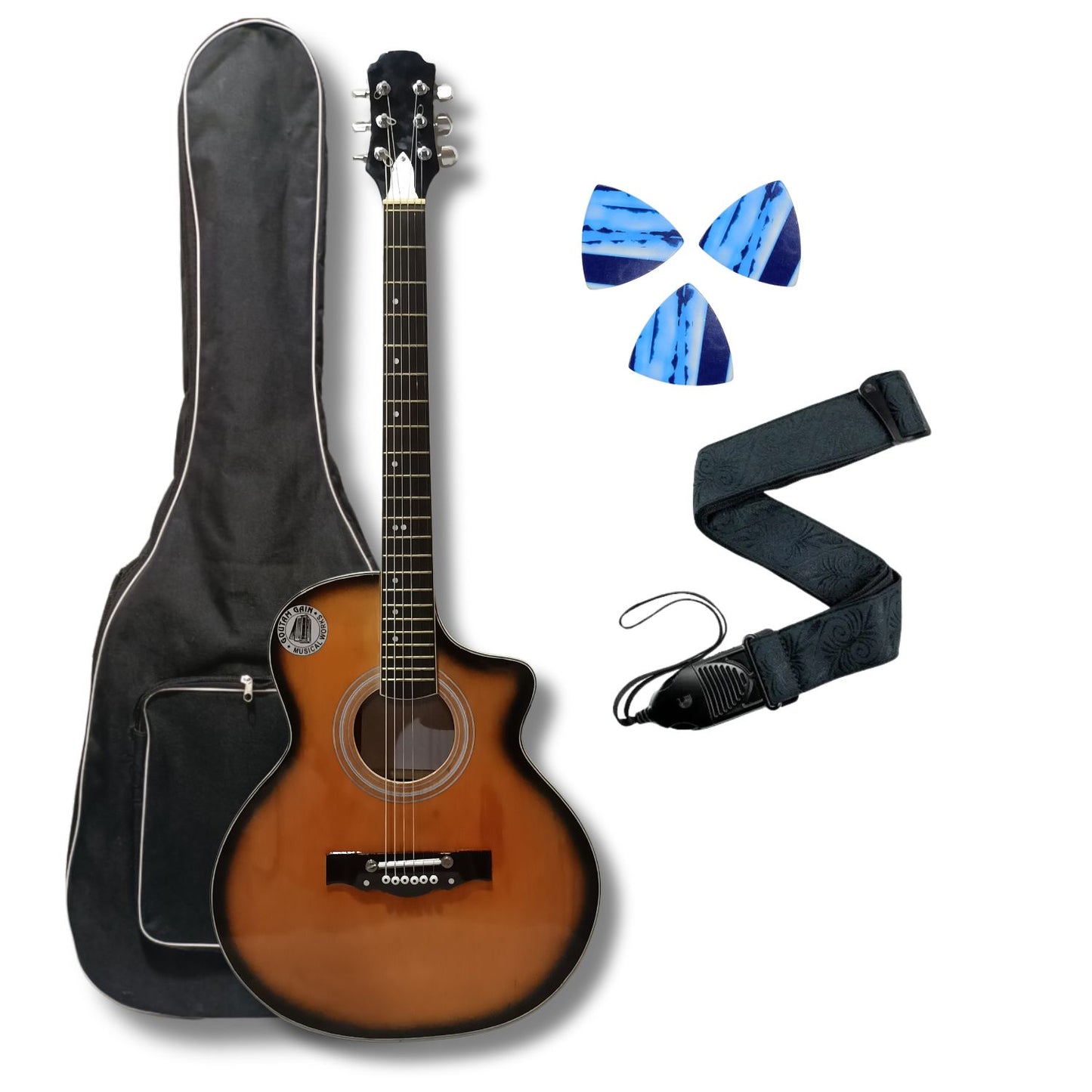 Musical Works SAB-GUITAR-21, 41-Inch Acoustic Guitar | Tun Top, Rosewood Fingerboard & Bridge | Truss Rod | Red-Brown Black  with Die Cast Keys, Set of Strings, Strap, Picks and Bag
