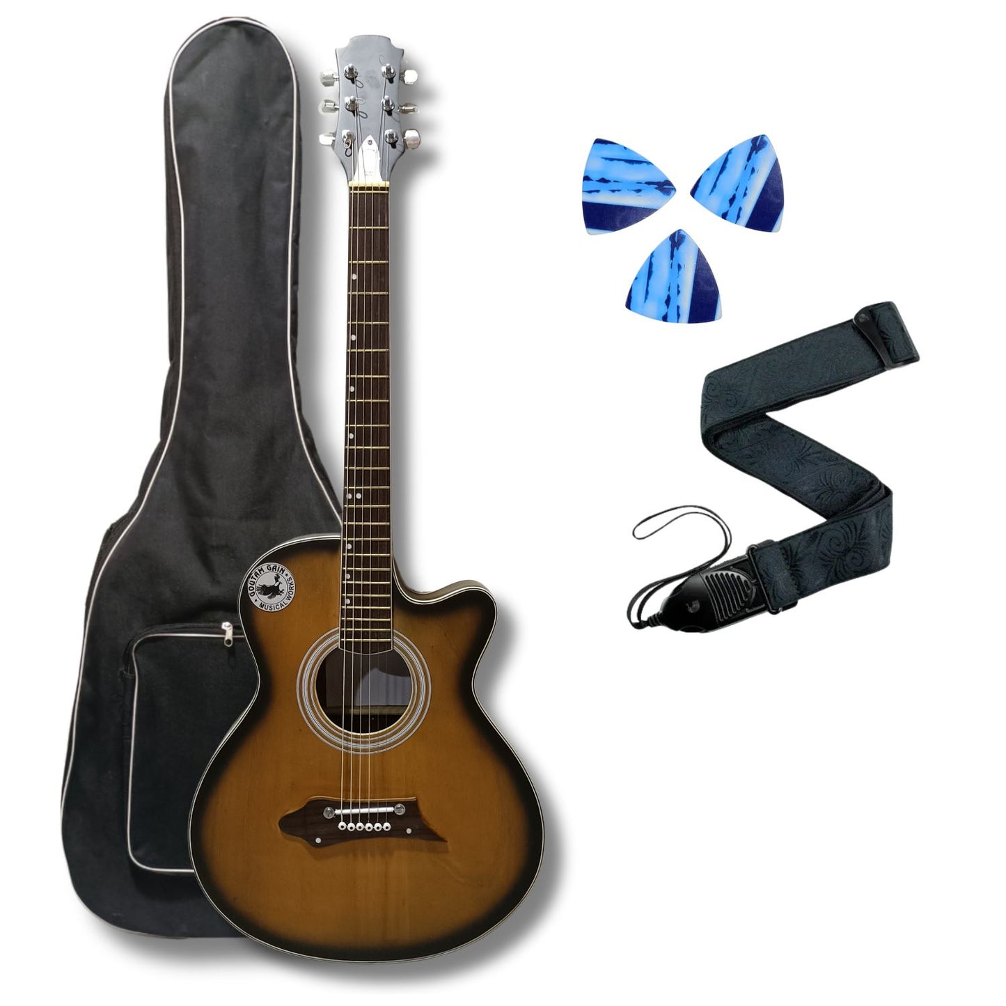 Musical Works SAB-GUITAR-21, 41-Inch Acoustic Guitar | Tun Top, Rosewood Fingerboard & Bridge | Truss Rod | Red-Brown Black  with Die Cast Keys, Set of Strings, Strap, Picks and Bag