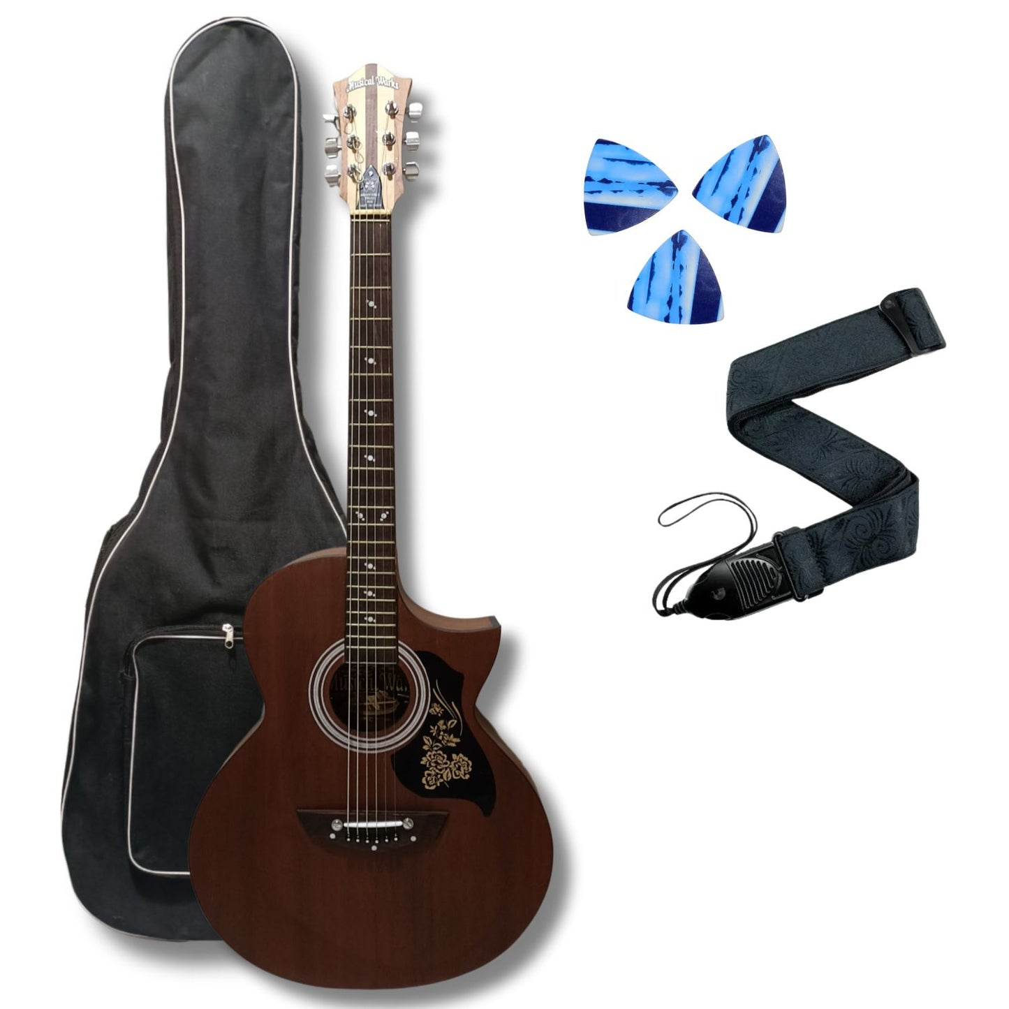 Musical Works SAB-GUITAR-21, 41-Inch Acoustic Guitar | Tun Top, Rosewood Fingerboard & Bridge | Truss Rod | Red-Brown Black  with Die Cast Keys, Set of Strings, Strap, Picks and Bag