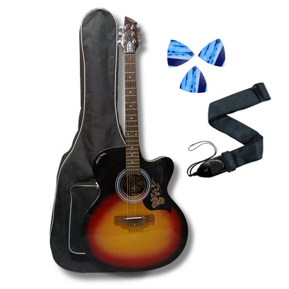 Musical Works SAB-GUITAR-21, 41-Inch Acoustic Guitar | Tun Top, Rosewood Fingerboard & Bridge | Truss Rod | Red-Brown Black  with Die Cast Keys, Set of Strings, Strap, Picks and Bag