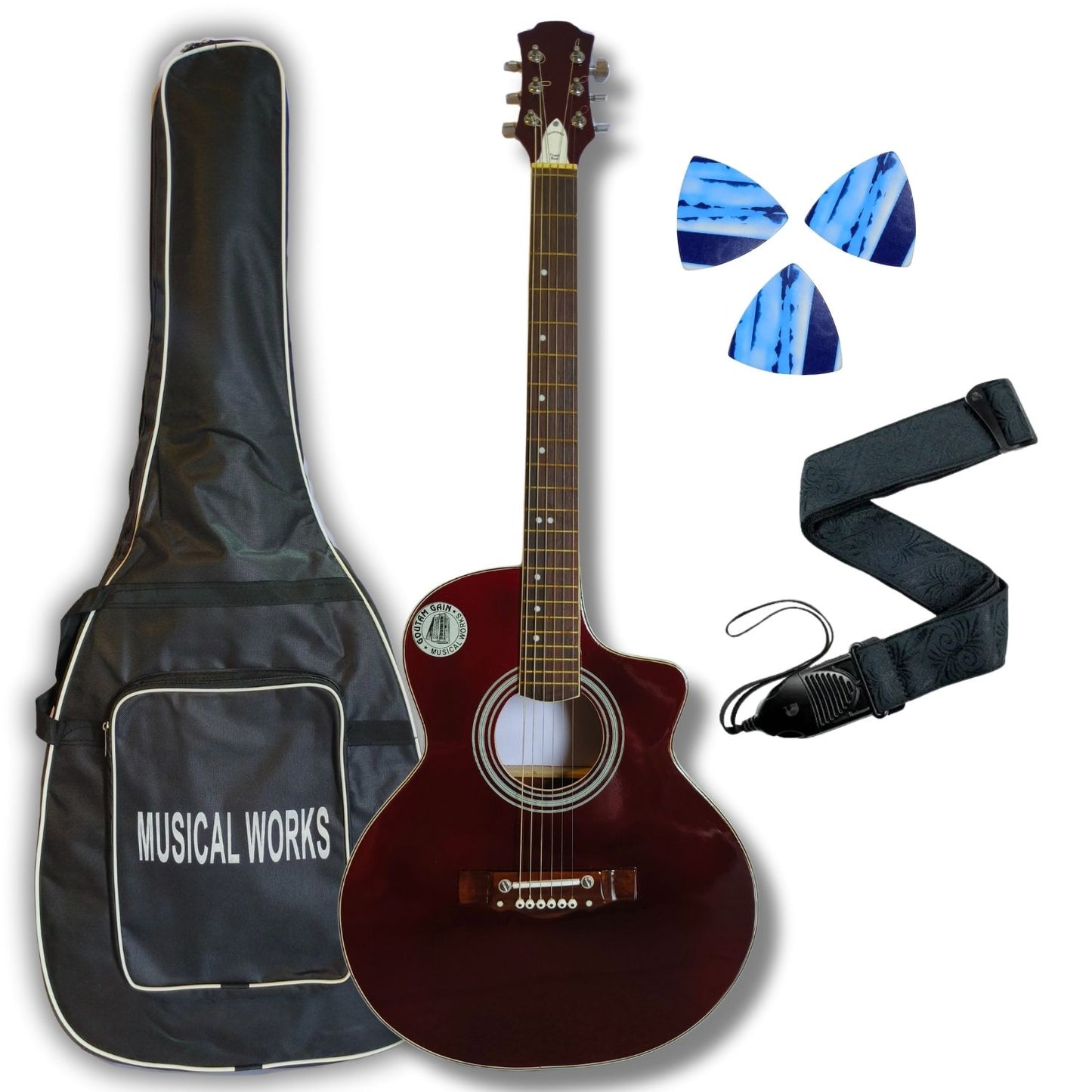 Musical Works SAB-GUITAR-21, 41-Inch Acoustic Guitar | Tun Top, Rosewood Fingerboard & Bridge | Truss Rod | Red-Brown Black  with Die Cast Keys, Set of Strings, Strap, Picks and Bag