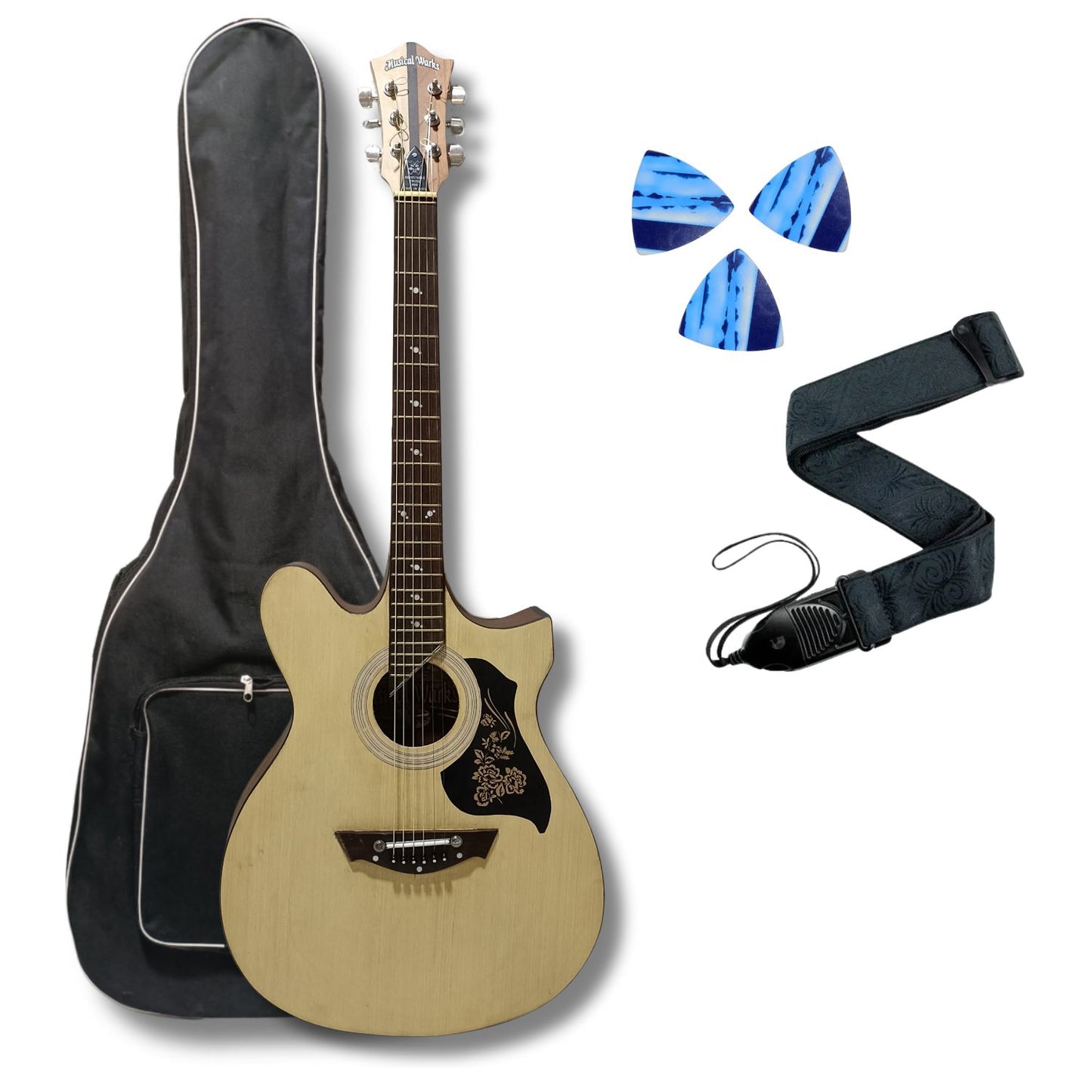 Musical Works SAB-GUITAR-21, 41-Inch Acoustic Guitar | Tun Top, Rosewood Fingerboard & Bridge | Truss Rod | Red-Brown Black  with Die Cast Keys, Set of Strings, Strap, Picks and Bag