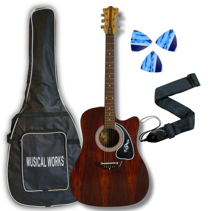 Musical Works SAB-GUITAR-21, 41-Inch Acoustic Guitar | Tun Top, Rosewood Fingerboard & Bridge | Truss Rod | Red-Brown Black  with Die Cast Keys, Set of Strings, Strap, Picks and Bag