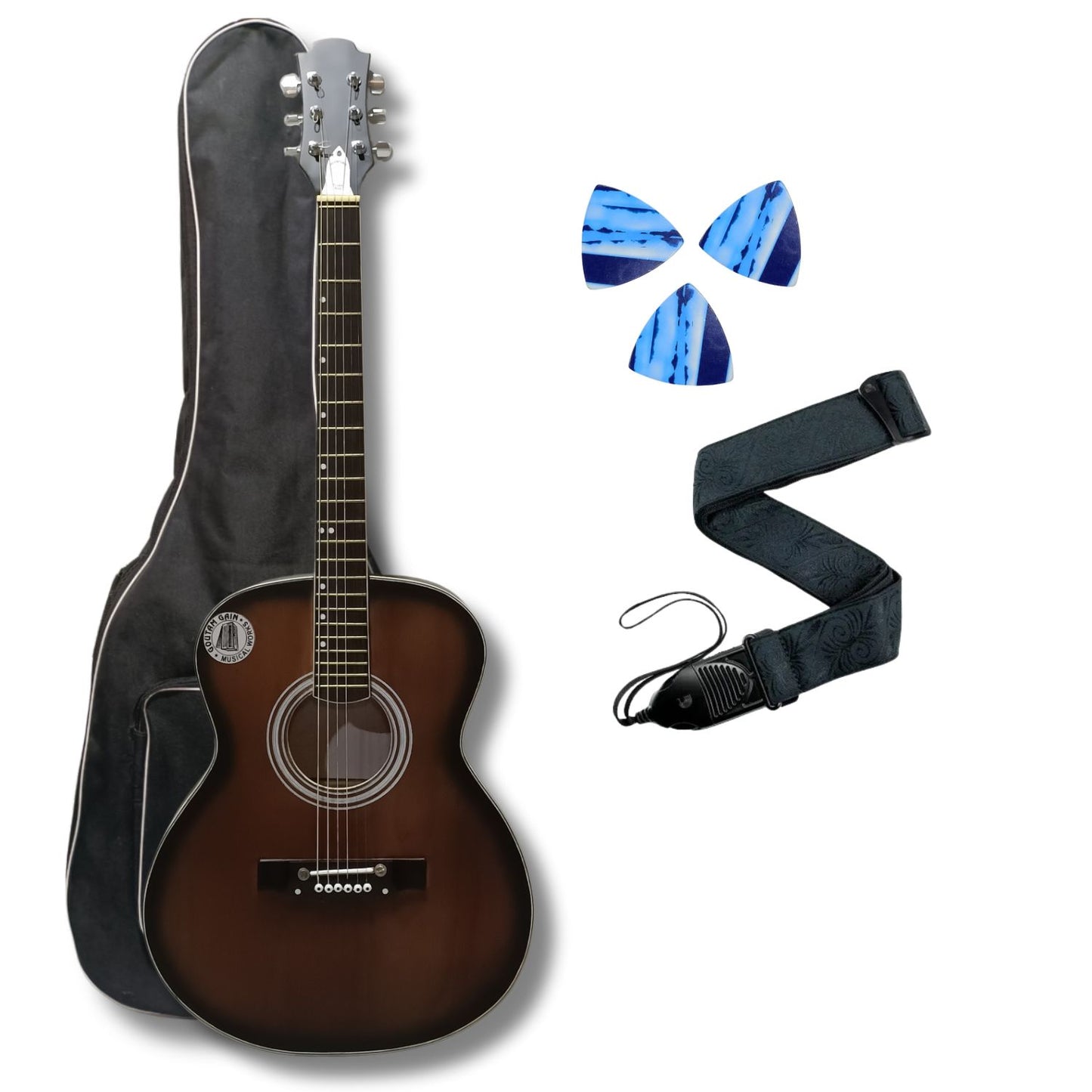 Musical Works SAB-GUITAR-21, 41-Inch Acoustic Guitar | Tun Top, Rosewood Fingerboard & Bridge | Truss Rod | Red-Brown Black  with Die Cast Keys, Set of Strings, Strap, Picks and Bag