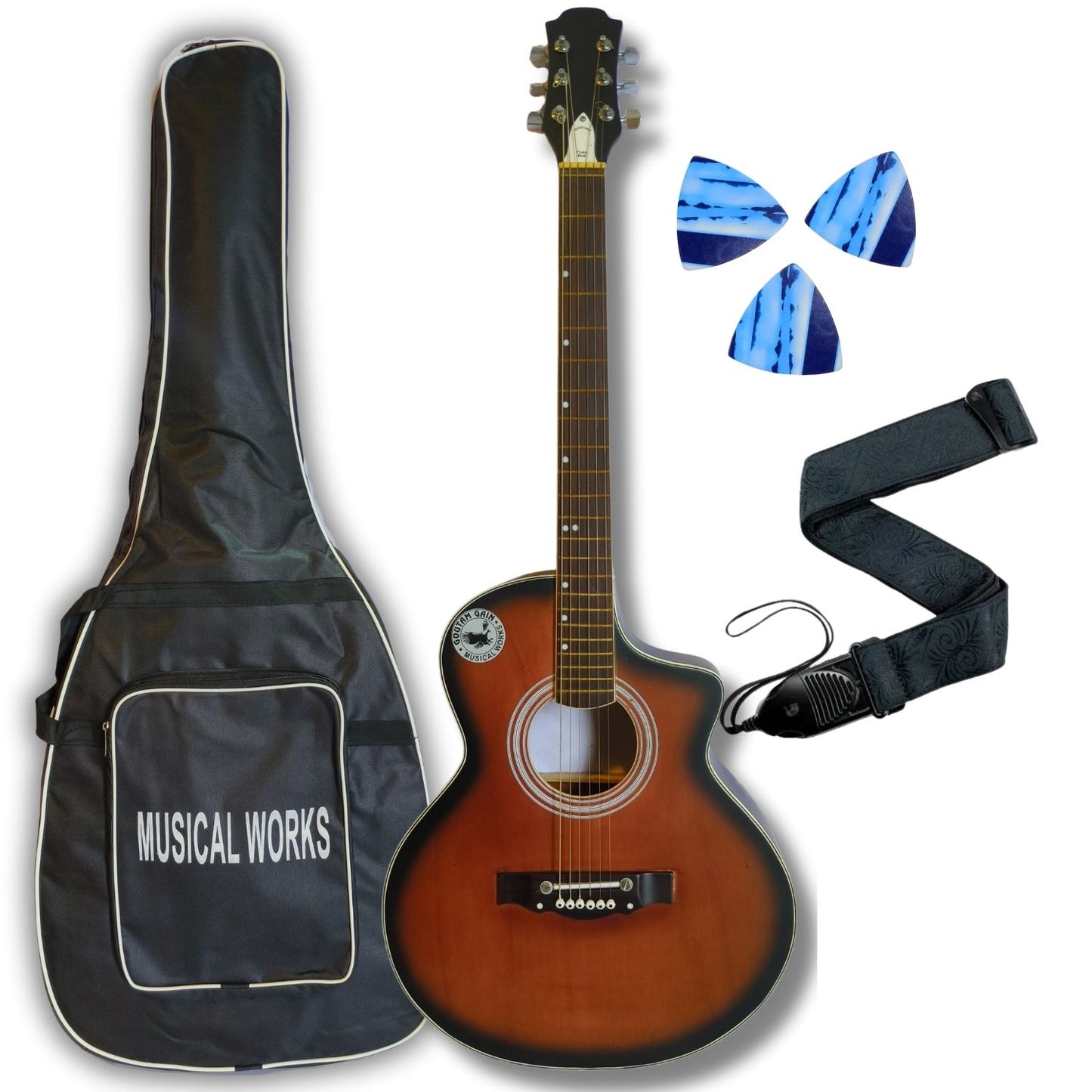 Musical Works SAB-GUITAR-21, 41-Inch Acoustic Guitar | Tun Top, Rosewood Fingerboard & Bridge | Truss Rod | Red-Brown Black  with Die Cast Keys, Set of Strings, Strap, Picks and Bag