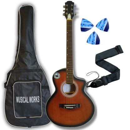 Musical Works SAB-GUITAR-21, 41-Inch Acoustic Guitar | Tun Top, Rosewood Fingerboard & Bridge | Truss Rod | Red-Brown Black  with Die Cast Keys, Set of Strings, Strap, Picks and Bag