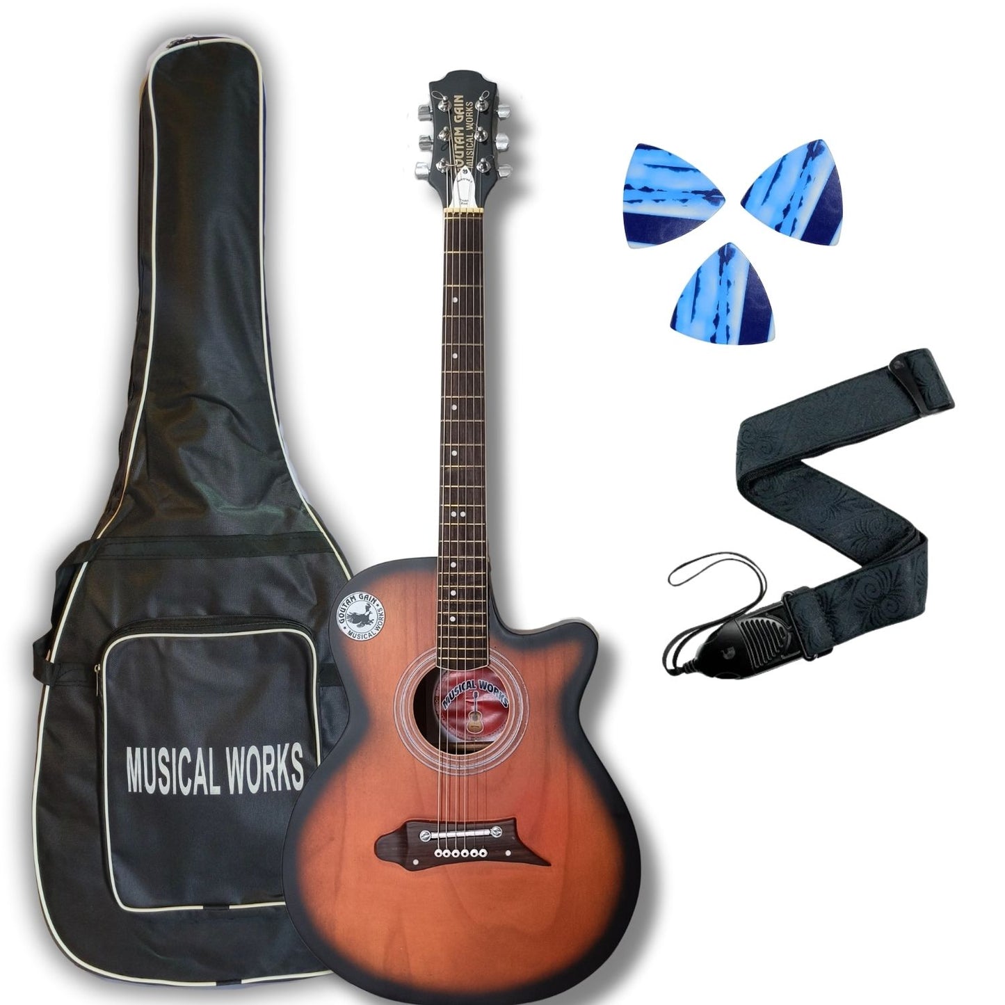 Musical Works SAB-GUITAR-21, 41-Inch Acoustic Guitar | Tun Top, Rosewood Fingerboard & Bridge | Truss Rod | Red-Brown Black  with Die Cast Keys, Set of Strings, Strap, Picks and Bag