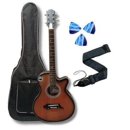 Musical Works SAB-GUITAR-21, 41-Inch Acoustic Guitar | Tun Top, Rosewood Fingerboard & Bridge | Truss Rod | Red-Brown Black  with Die Cast Keys, Set of Strings, Strap, Picks and Bag