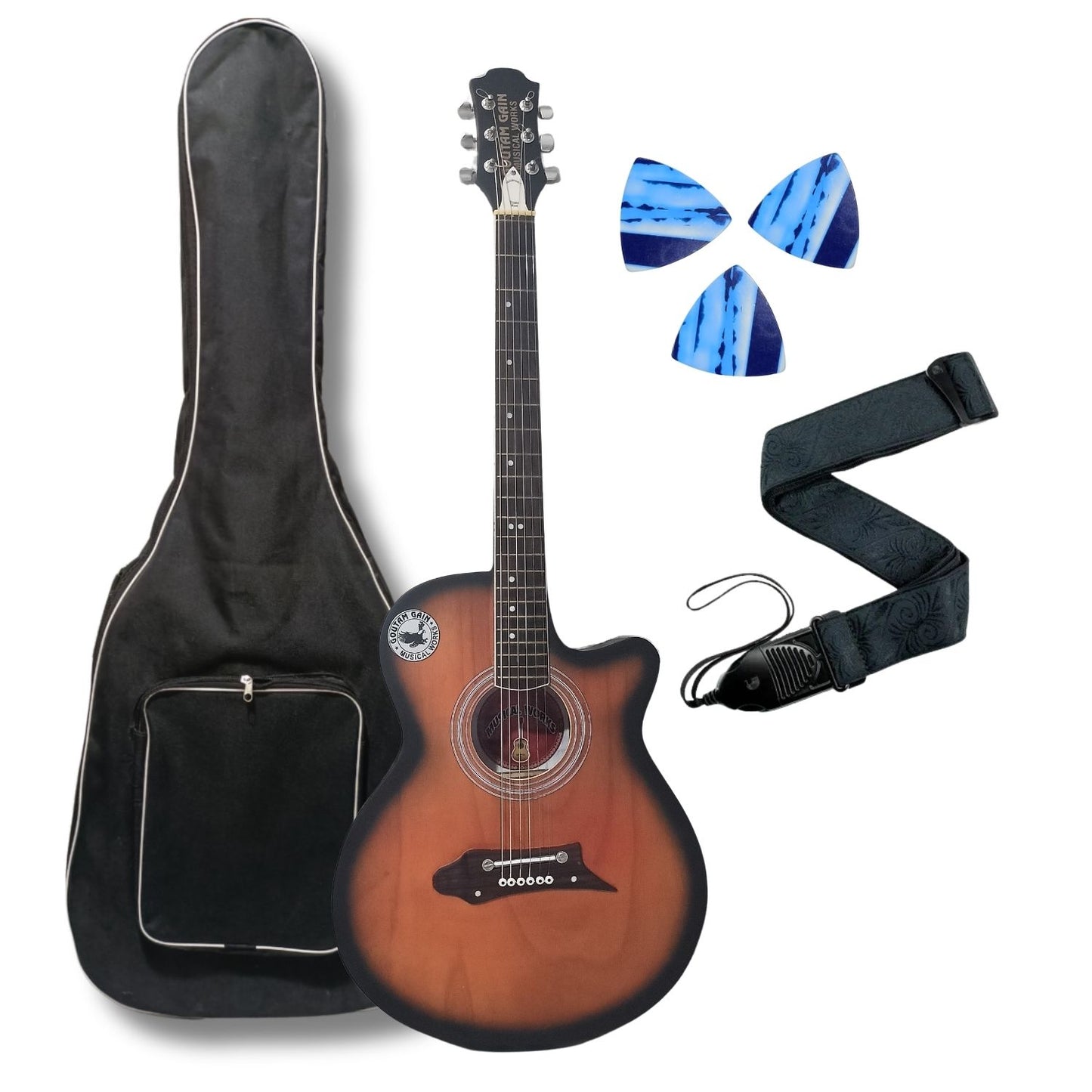Musical Works SAB-GUITAR-21, 41-Inch Acoustic Guitar | Tun Top, Rosewood Fingerboard & Bridge | Truss Rod | Red-Brown Black  with Die Cast Keys, Set of Strings, Strap, Picks and Bag
