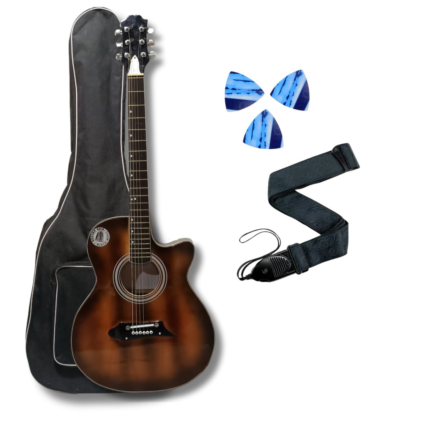 Musical Works SAB-GUITAR-21, 41-Inch Acoustic Guitar | Tun Top, Rosewood Fingerboard & Bridge | Truss Rod | Red-Brown Black  with Die Cast Keys, Set of Strings, Strap, Picks and Bag