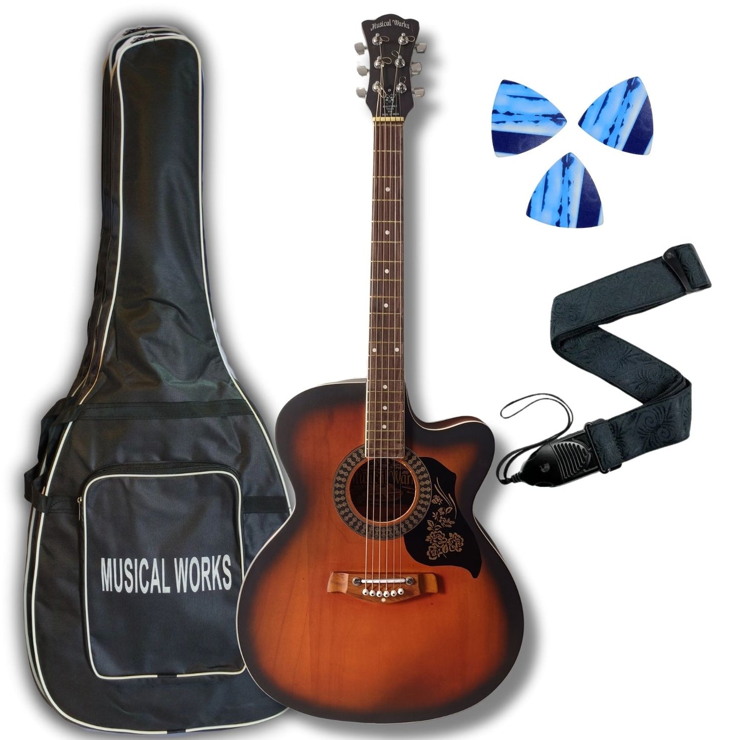 Musical Works SAB-GUITAR-21, 41-Inch Acoustic Guitar | Tun Top, Rosewood Fingerboard & Bridge | Truss Rod | Red-Brown Black  with Die Cast Keys, Set of Strings, Strap, Picks and Bag