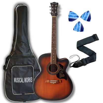 Musical Works SAB-GUITAR-21, 41-Inch Acoustic Guitar | Tun Top, Rosewood Fingerboard & Bridge | Truss Rod | Red-Brown Black  with Die Cast Keys, Set of Strings, Strap, Picks and Bag