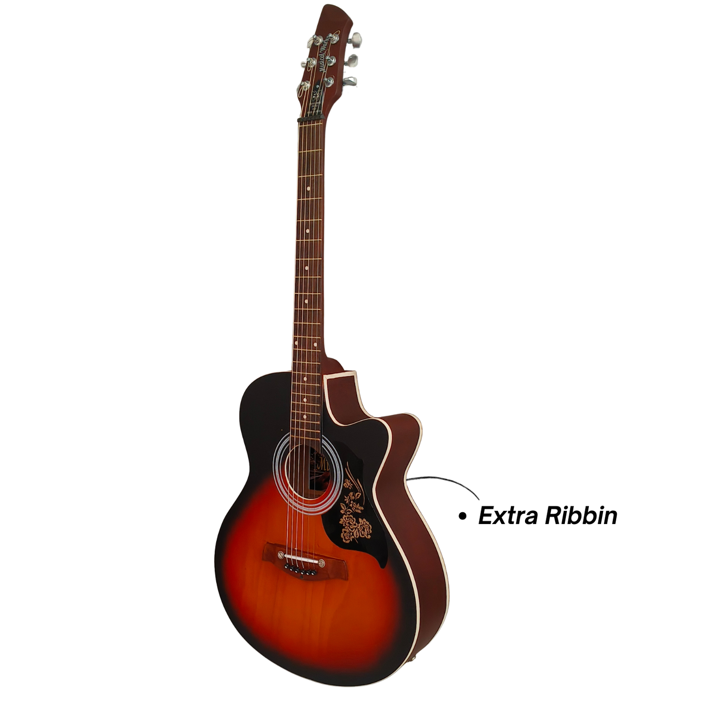 Musical Works SAB-GUITAR-01, 41-Zoll-Akustikgitarre | Gewölbte Decke, Palisandergriffbrett und -steg | Halsstab | Braun-schwarze Lackierung mit Druckgussmechaniken, Saitensatz, Gurt, Plektren und Tasche