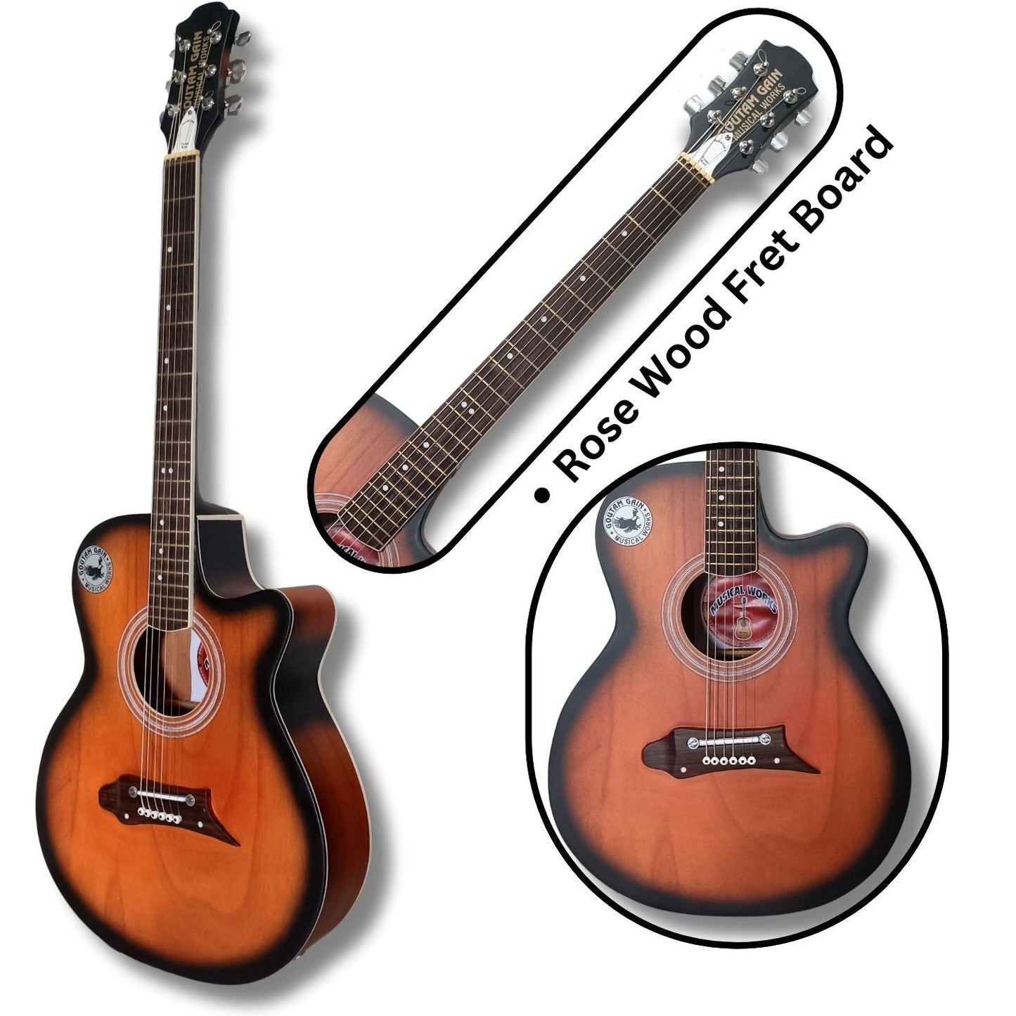 Musical Works SAB-GUITAR-19 41-Inch Acoustic Guitar | Spruce Top, Rosewood Fingerboard & Bridge | Truss Rod |  Nutural Black Shade  with Die Cast Keys, Set of Strings, Strap, Picks and Bag