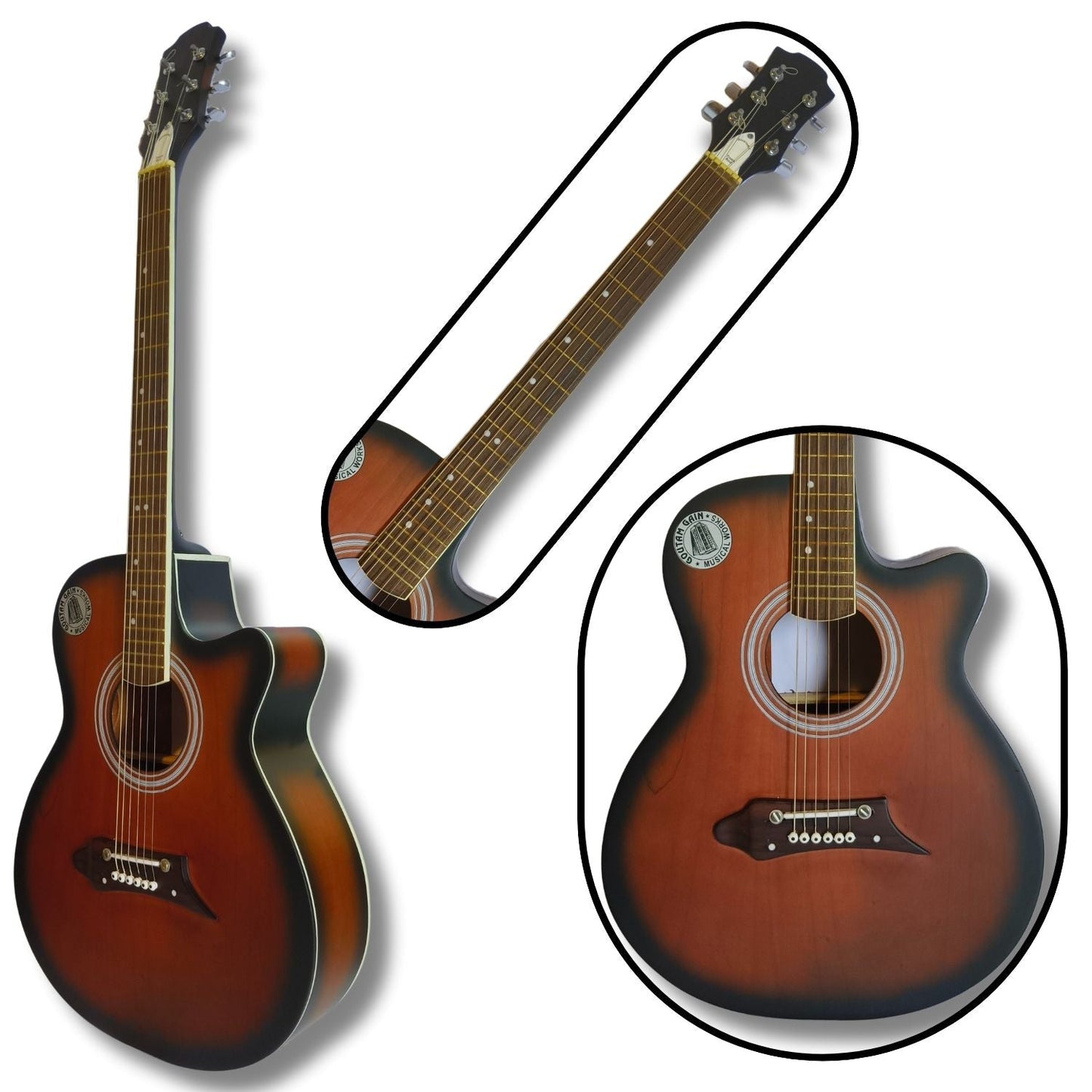 Musical Works SAB-GUITAR-25 41-Inch Acoustic Guitar | Tun Top, Rosewood Fingerboard & Bridge | Truss Rod |  Natural Black Shade  with Die Cast Keys, Set of Strings, Strap, Picks and Bag