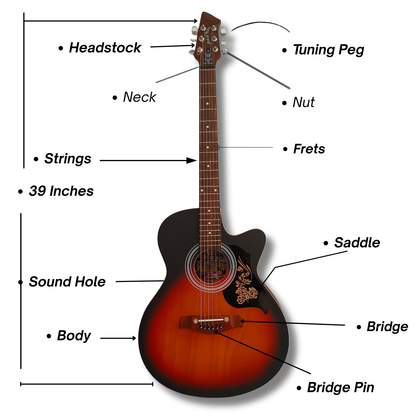 Musical Works SAB-GUITAR-01, 41-Zoll-Akustikgitarre | Gewölbte Decke, Palisandergriffbrett und -steg | Halsstab | Braun-schwarze Lackierung mit Druckgussmechaniken, Saitensatz, Gurt, Plektren und Tasche