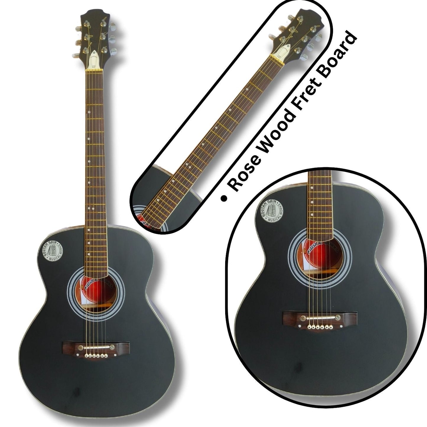 Musical Works SAB-GUITAR-20 41-Inch Acoustic Guitar | Tun Top, Rosewood Fingerboard & Bridge | Truss Rod | Natural Black Shade with Die Cast Keys, Set of Strings, Strap, Picks and Bag