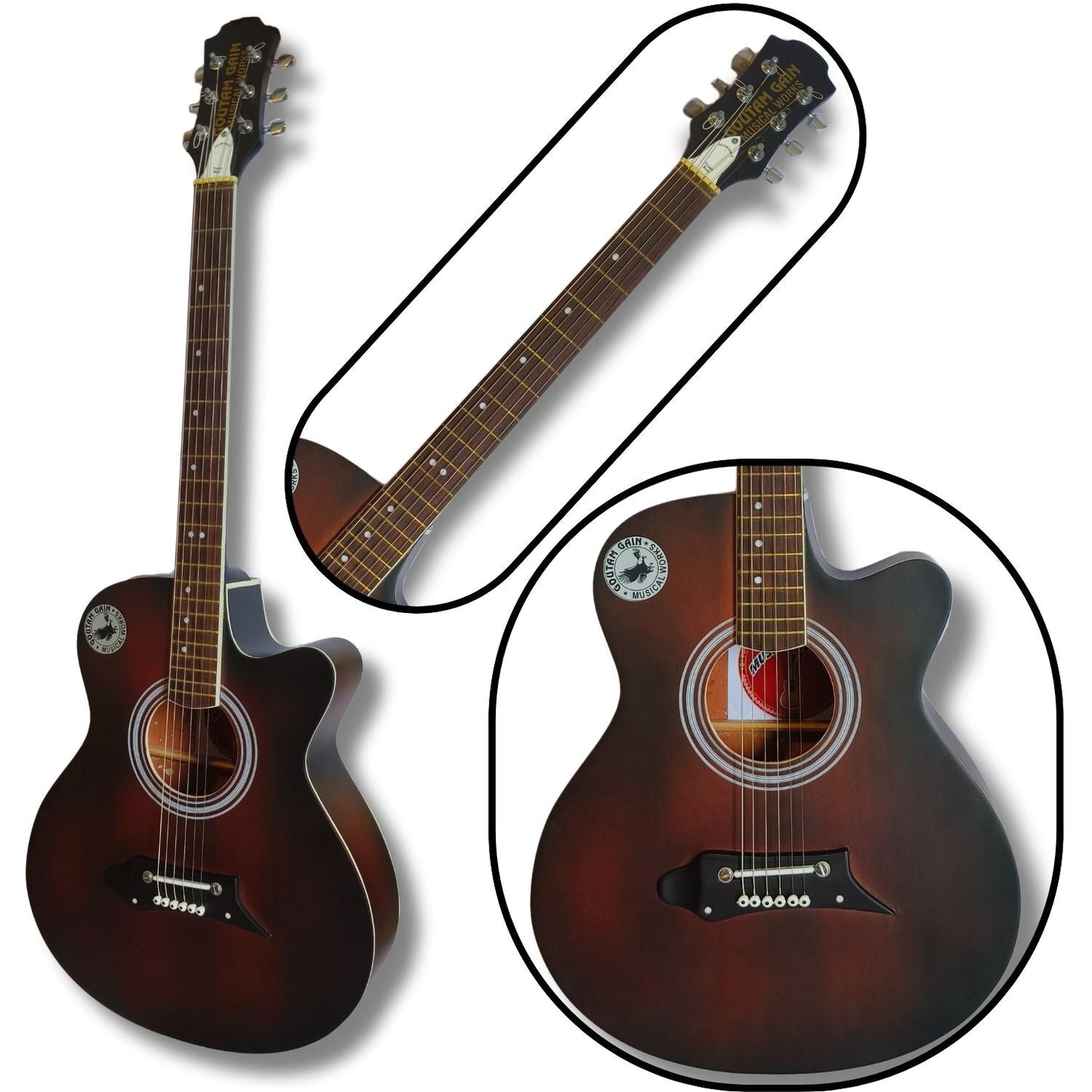 Musical Works SAB-GUITAR-23 41-Inch Acoustic Guitar | Tun Top, Rosewood Fingerboard & Bridge | Truss Rod |  Natural Black Shade  with Die Cast Keys, Set of Strings, Strap, Picks and Bag