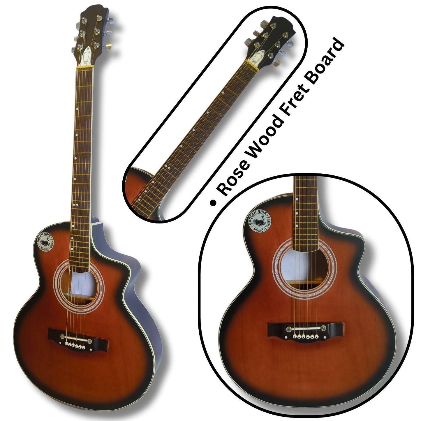 Musical Works SAB-GUITAR-21, 41-Inch Acoustic Guitar | Tun Top, Rosewood Fingerboard & Bridge | Truss Rod | Red-Brown Black  with Die Cast Keys, Set of Strings, Strap, Picks and Bag