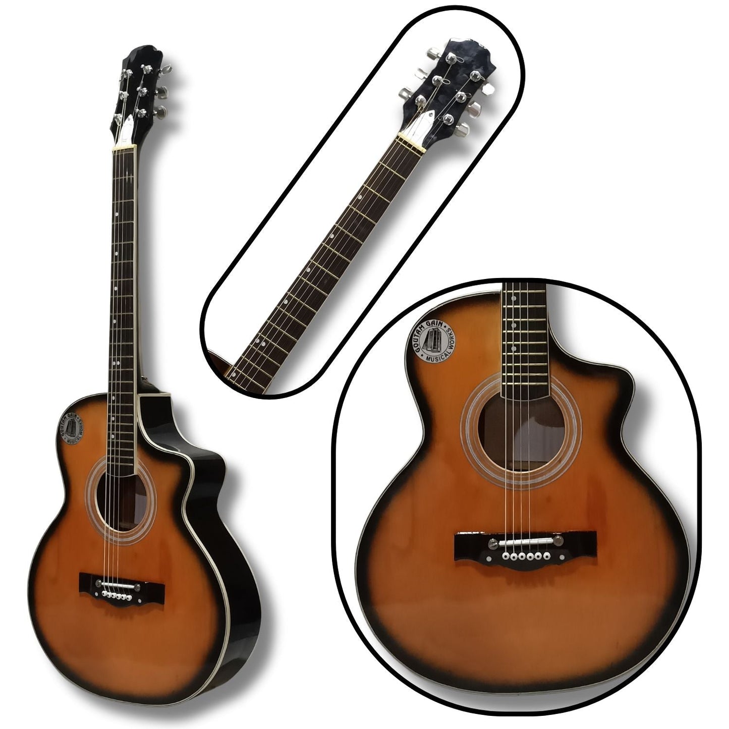 Musical Works SAB-GUITAR-14, 41-Inch Acoustic Guitar | Tun Top, Rosewood Fingerboard & Bridge | Truss Rod | Yellow Black Shade with Die Cast Keys, Set of Strings, Strap, Picks and Bag
