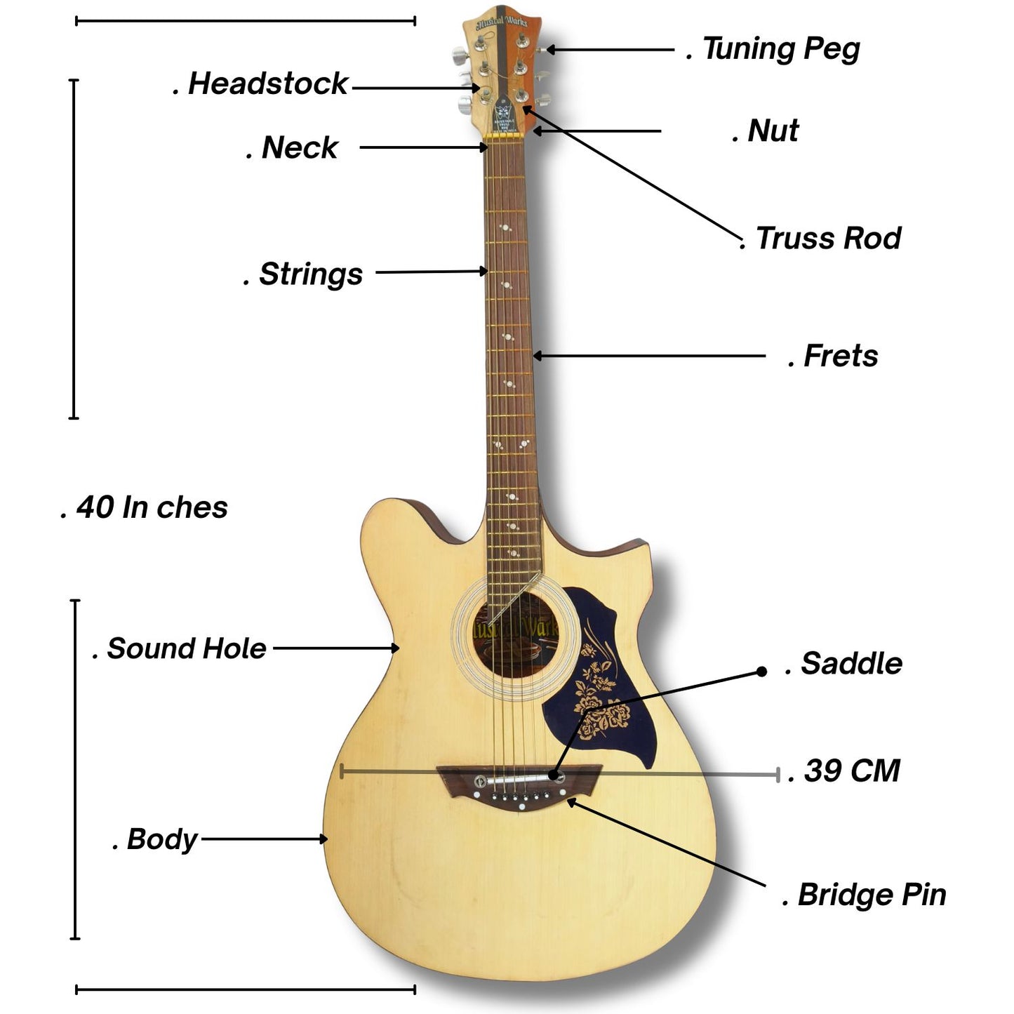 Musical Works 38" Acoustic Guitar Starter Kit - Natural Wood Finish with Gig Bag, Strap, and Picks