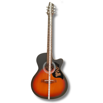 Musical Works SAB-GUITAR-01, 41-Zoll-Akustikgitarre | Gewölbte Decke, Palisandergriffbrett und -steg | Halsstab | Braun-schwarze Lackierung mit Druckgussmechaniken, Saitensatz, Gurt, Plektren und Tasche