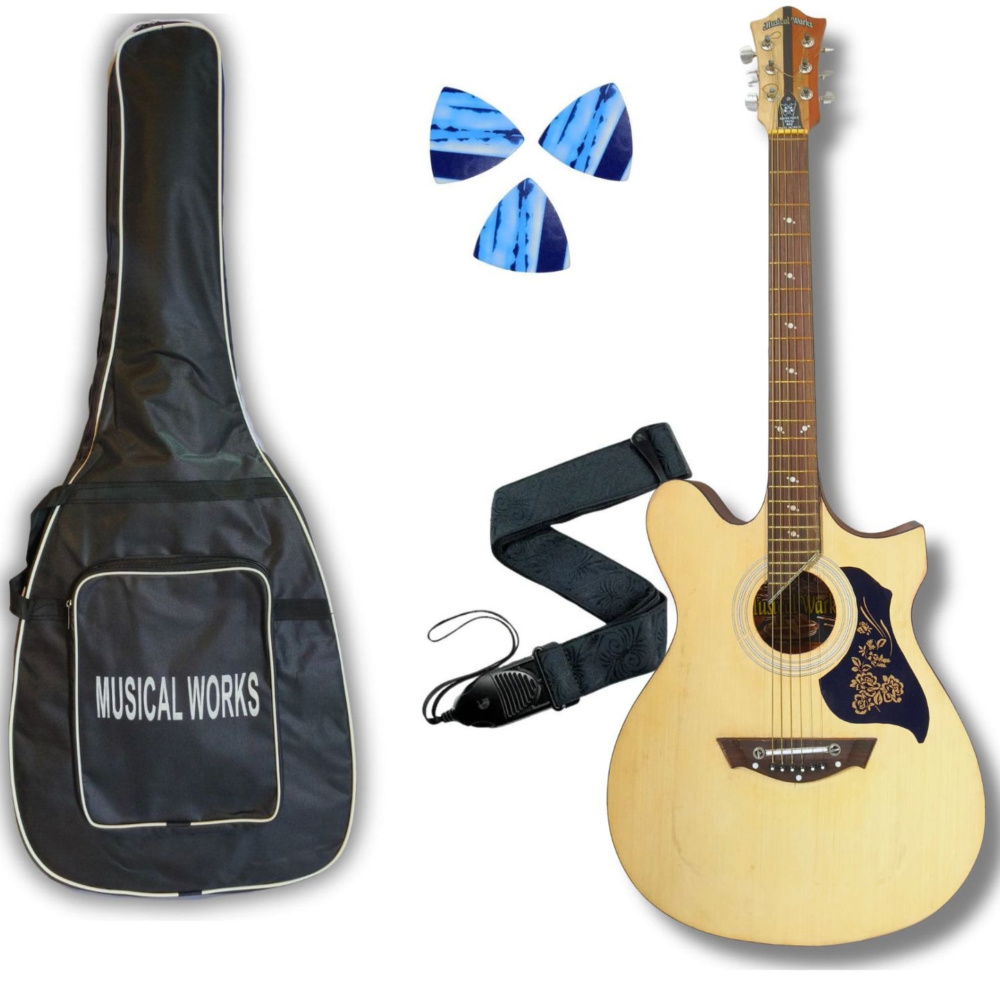 Musical Works 38" Acoustic Guitar Starter Kit - Natural Wood Finish with Gig Bag, Strap, and Picks