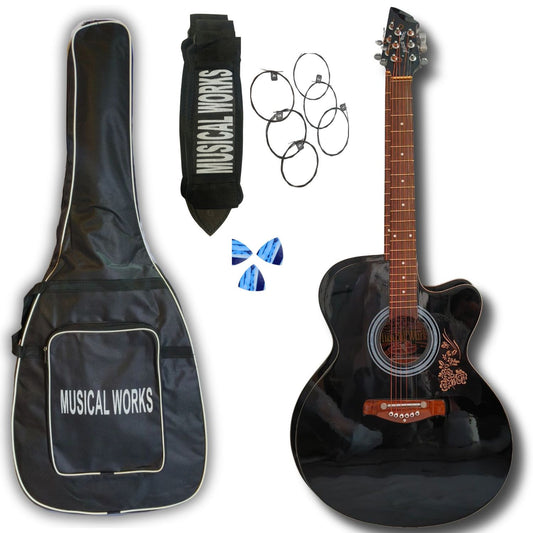 Musical Works 41" Full Size Acoustic Guitar Starter Kit - Black Cutaway Dreadnought with Gig Bag, Strap & Accessories.